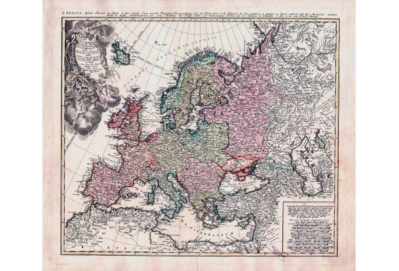 Hase, Johann Matthias, 1684-1742.
Europa : Secundum legitimas Projectionis Stereographicæ regulas et juxta recentissimas observationes æque ac reationes adhibitis quoque veterum monumentorum subsidiis descripta et in partes suas methodicas X. divisa = L' Europe / a Ioh. Matth. Hasio Math. P.P.O. - Norimbergae : edita Сuris Homannianorum Heredum, 1743. Hase, Johann Matthias, 1684-1742. Europa : Secundum legitimas Projectionis Stereographicæ regulas et juxta recentissimas observationes æque ac reationes adhibitis quoque veterum monumentorum subsidiis descripta et in partes suas methodicas X. divisa = L' Europe / a Ioh. Matth. Hasio Math. P.P.O. - Norimbergae : edita Сuris Homannianorum Heredum, 1743.