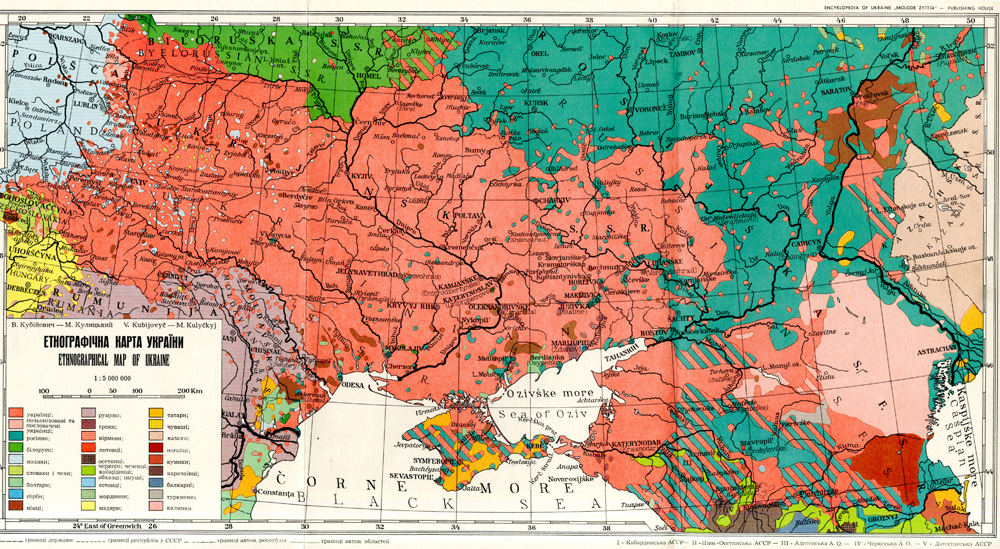 Етнографічна карта України = Ethnographical map of Ukraine / В[олодимир] Кубійович, М[икола] Кулицький ; Encyklopedia of Ukraine "Molode Žyttja" publishing house. – Масштаб 1:5 000 000. – [Мюнхен ; Нью-Йорк] : Molode Žyttja, [1949].